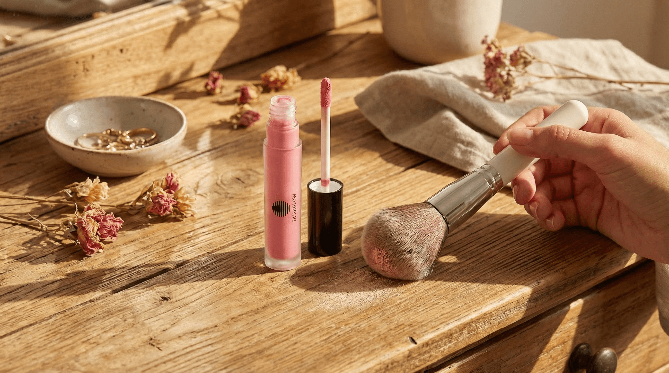 DuskGlow lip gloss and makeup brush on rustic surface